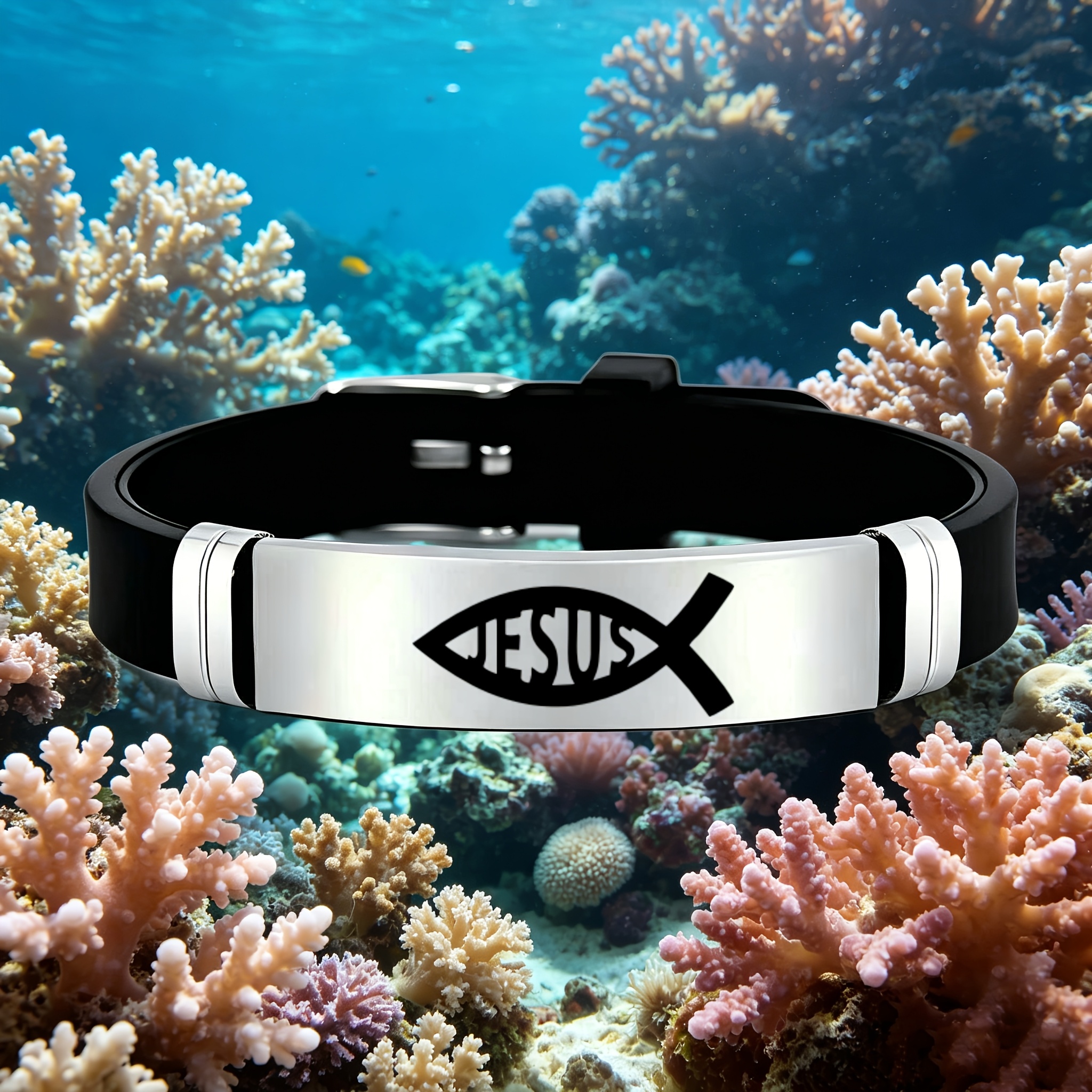 Fish Symbol Design Stainless Steel Silicone Bracelet